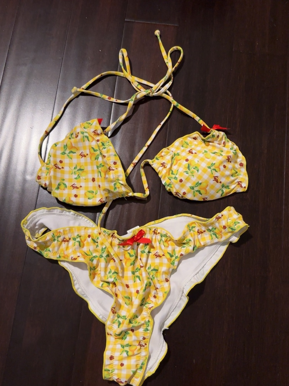 Yellow Gingham Floral Tie Bikini Set - Women's Swim
